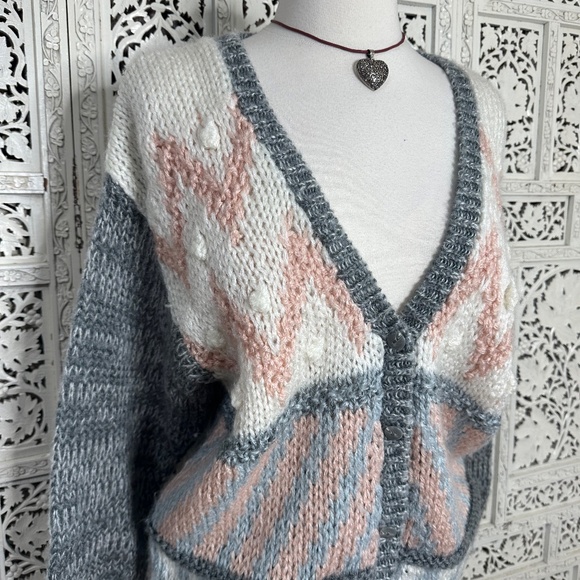 Vintage Handknit Grannycore Pink & Grey Chunky Cardigan Sz Medium - Picture 2 of 10
